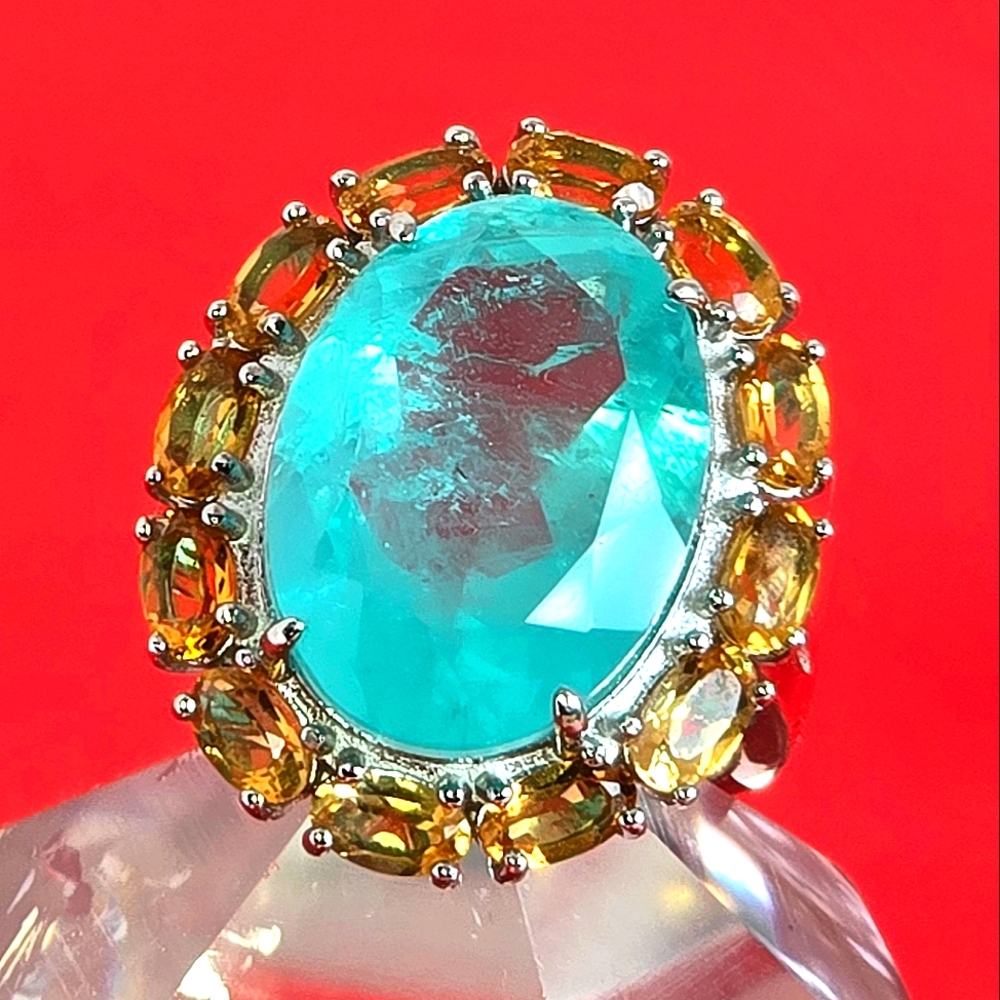 925 Sterling Silver Ring with Paraiba Doublet Quartz 1.3x1.8cm & Natural Citrine